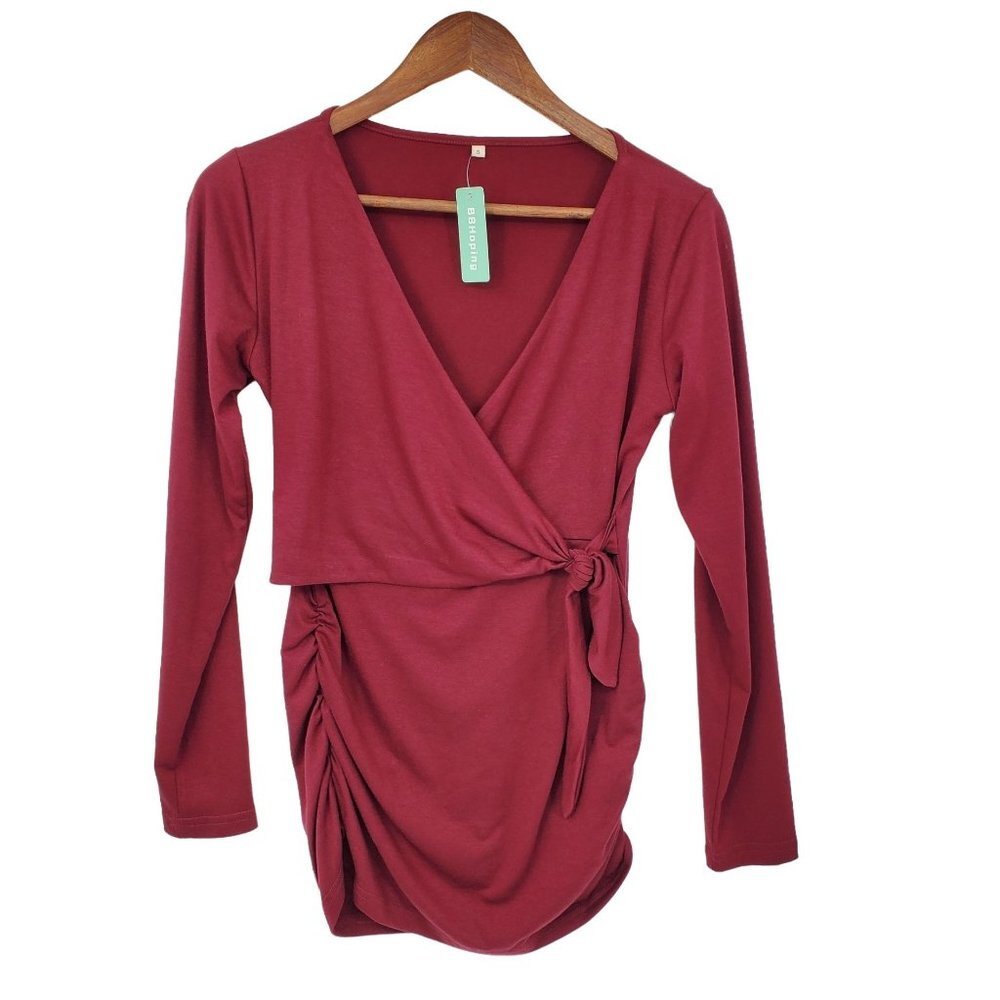NWT BBHoping Womens Maroon Wrap Style Maternity Blouse Sz‎ S V-Neck Long Sleeve
